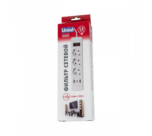 Сетевой фильтр серии Uniel Standard. шнур 1.5м Пвс 3х0.75. 3 гнезда. с-з. 2USB+1TYPE C. 10A. 2500Вт. S-GSR3-1,5 U2C1 WHITE/GREY UL-00012107 Сетевой фильтр серии Uniel Standard. шнур 1.5м Пвс 3х0.75. 3 гнезда. с-з. 2USB+1TYPE C. 10A. 2500Вт. S-GSR3-1,5 U2C1 WHITE/GREY UL-00012107