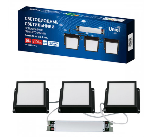 Встраиваемый светильник Uniel ULP-1010-20W/4000K IP54 GRILYATO OPAL BLACK KIT03 UL-00012836