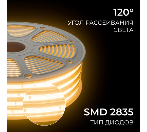 Комплект светодиодной ленты Apeyron 220В 10Вт/м, 600лм/м, 3000К (т/б), SMD2835, 120д/м, 15м, IP65 10-143 (сетевой шнур, заглушка - 1шт, крепеж - 15шт)