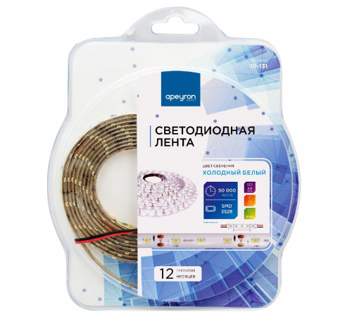 Светодиодная лента Apeyron 12В СТ 4,8Вт/м smd3528, 60д/м IP65 280Лм/м 2,5м 6500К 10-131 Светодиодная лента Apeyron 12В СТ 4,8Вт/м smd3528, 60д/м IP65 280Лм/м 2,5м 6500К 10-131