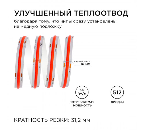 Светодиодная лента Apeyron 2м, 24В, 14Вт/м, COB, 512д/м, IP20 Красный 204ОО