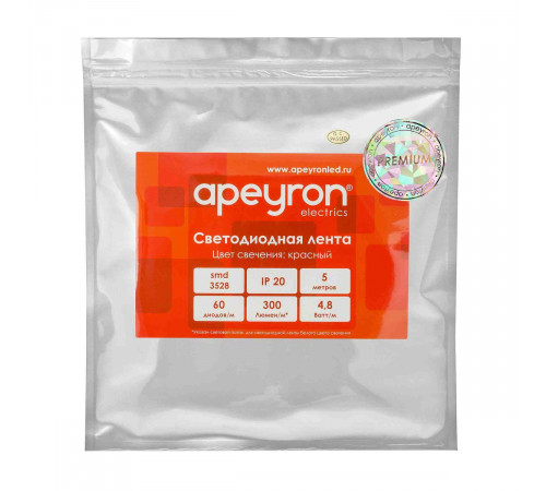 Светодиодная лента Apeyron 12В, 4,8Вт/м, smd3528, 60д/м, IP20 5м Красный 00-435 Светодиодная лента Apeyron 12В, 4,8Вт/м, smd3528, 60д/м, IP20 5м Красный 00-435