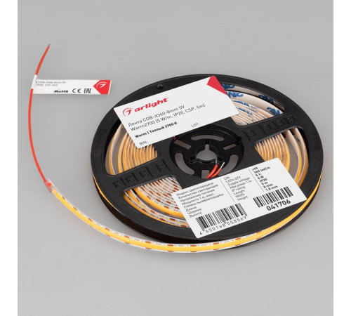 Светодиодная лента Arlight COB-X360-8mm 5V Warm2700 (5 W/m, IP20, 5m)  041706(1)