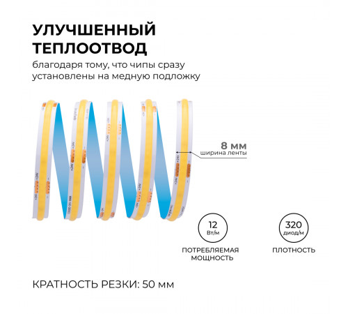 Светодиодная лента Apeyron 24В COB 12Вт/м 4000К 10м IP20 00-385