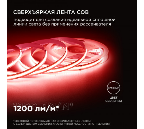 Светодиодная лента Apeyron 2м, 24В, 14Вт/м, COB, 512д/м, IP20 Красный 204ОО