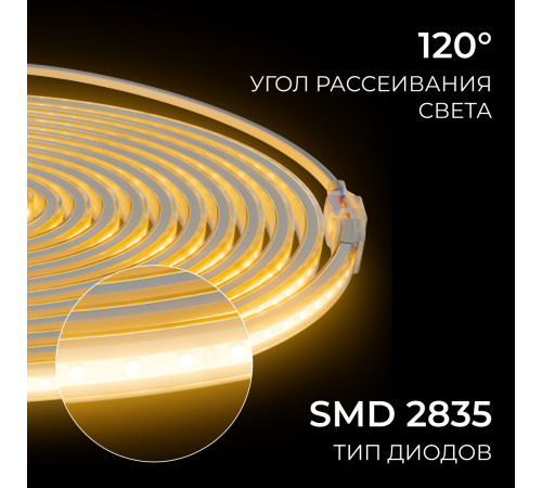 Комплект светодиодной ленты Apeyron 220В 10Вт/м, 600лм/м, 3000К (т/б), SMD2835, 120д/м, 13,5х7мм, 5м, IP65, с аксесcуарами (сетевой шнур, заглушка - 1шт, крепеж - 5шт) 10-140