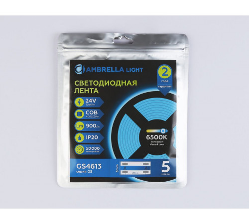 Светодиодная лента Ambrella Light Illumination COB 400Led/10W m/ 24V IP20 6500K/ 5m*5mm*2.1mm (2 конт.) GS4613