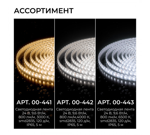 Светодиодная лента Apeyron 24В, 9,6 Вт/м, 800 лм/м, 4000К, smd2835, 120 д/м, IP65, 5м 00-442