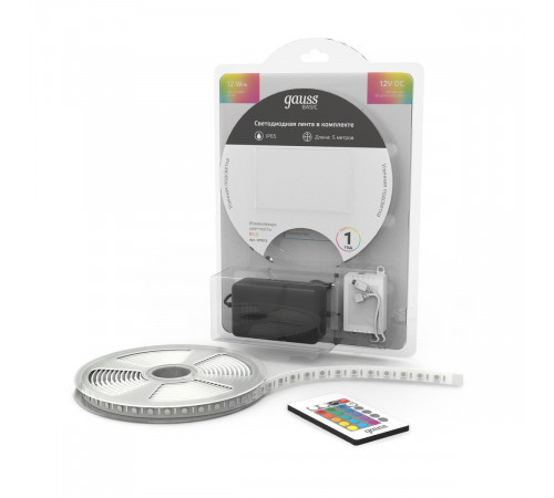Светодиодная лента Gauss Basic 12В 5050 12Вт/м RGB 5м IP65 BT072 Светодиодная лента Gauss Basic 12В 5050 12Вт/м RGB 5м IP65 BT072