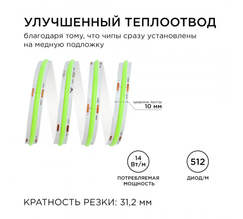 Светодиодная лента Apeyron 2м, 24В, 14Вт/м, COB, 512д/м, IP20 Зеленый 208ОО Светодиодная лента Apeyron 2м, 24В, 14Вт/м, COB, 512д/м, IP20 Зеленый 208ОО