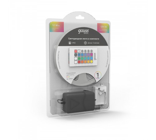 Светодиодная лента Gauss Basic 12В 5050 12Вт/м RGB 5м IP65 BT072 Светодиодная лента Gauss Basic 12В 5050 12Вт/м RGB 5м IP65 BT072