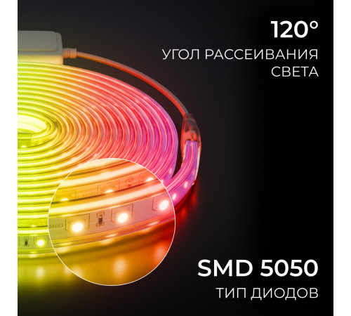 Комплект светодиодной ленты Apeyron 220В 12Вт/м, RGB, SMD5050, 60д/м, 5м, IP65 10-146 (контроллер - 1шт, заглушка - 1шт, крепеж - 5шт)