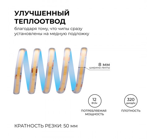 Светодиодная лента Apeyron 24В COB 12Вт/м 3000К 5м IP65 00-390