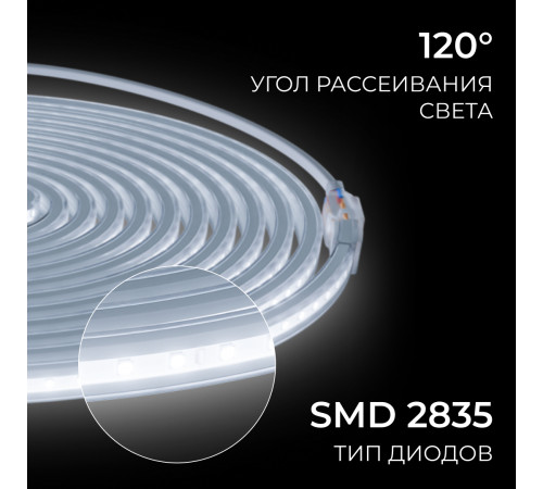 Комплект светодиодной ленты Apeyron 220В 10Вт/м, 600лм/м, 6500К (х/б), SMD2835, 120д/м, 13,5х7мм, 5м, IP65, с аксесcуарами (сетевой шнур, заглушка - 1шт, крепеж - 5шт) 10-142