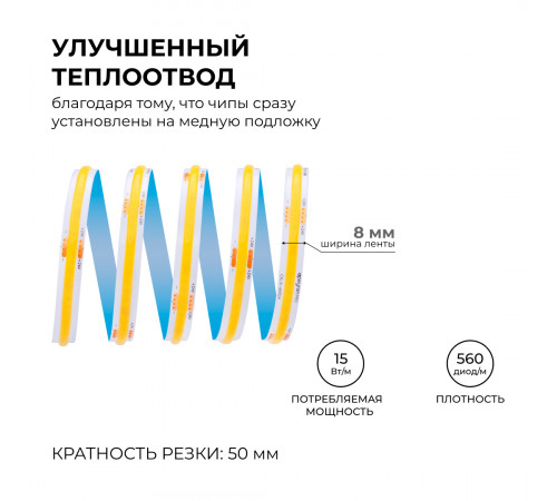 Светодиодная лента Apeyron 24В COB 15Вт/м 3000К 5м IP20 00-480 Светодиодная лента Apeyron 24В COB 15Вт/м 3000К 5м IP20 00-480