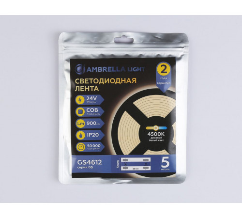 Светодиодная лента Ambrella Light Illumination COB 400Led/10W m/ 24V IP20 4500K/ 5m*5mm*2.1mm (2 конт.) GS4612