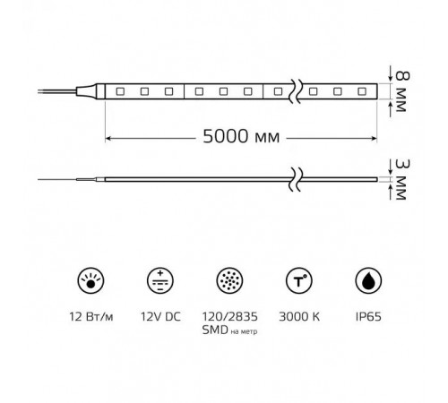 Светодиодная лента Gauss Basic 12В 2835 12Вт/м 3000K 5м IP65 BT070 Светодиодная лента Gauss Basic 12В 2835 12Вт/м 3000K 5м IP65 BT070