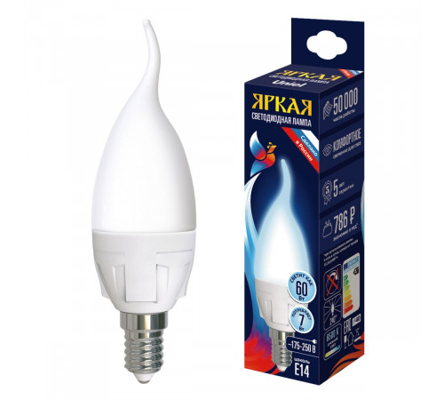 Лампа светодиодная Uniel LED-CW37 7W/6500K/E14/FR PLP01WH UL-00011016 Лампа светодиодная Uniel LED-CW37 7W/6500K/E14/FR PLP01WH UL-00011016