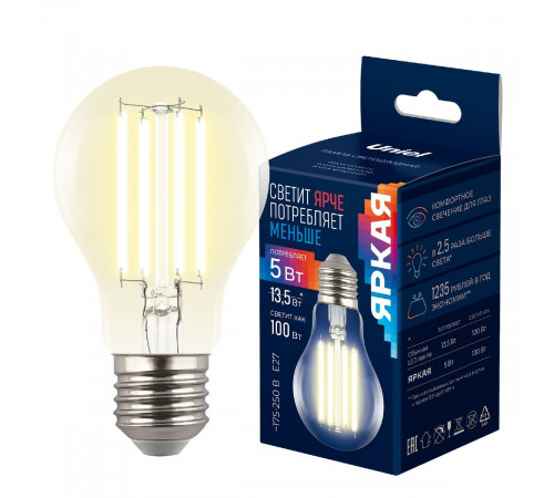 Лампа светодиодная филаментная Uniel LED-A60-5W/3000K/E27/CL GLY01TR UL-00011932