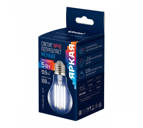 Лампа светодиодная филаментная Uniel LED-A60-5W/4000K/E27/CL GLY01TR UL-00011933 Лампа светодиодная филаментная Uniel LED-A60-5W/4000K/E27/CL GLY01TR UL-00011933