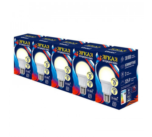Лампа светодиодная Uniel E27 10W 3000K груша матовая LED-A60 10W/WW/E27/FR PLP01WH Набор из 5штук UL-00008087