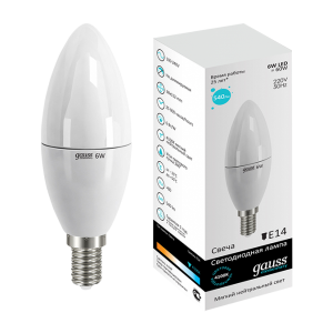 Лампа светодиодная Gauss E14 6W 4100K свеча матовая LD33126