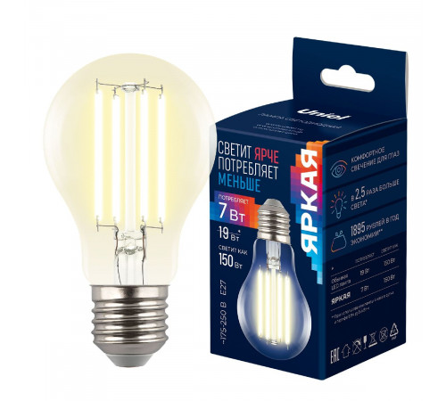 Лампа светодиодная филаментная Uniel LED-A60-7W/3000K/E27/CL GLY01TR UL-00011934 Лампа светодиодная филаментная Uniel LED-A60-7W/3000K/E27/CL GLY01TR UL-00011934