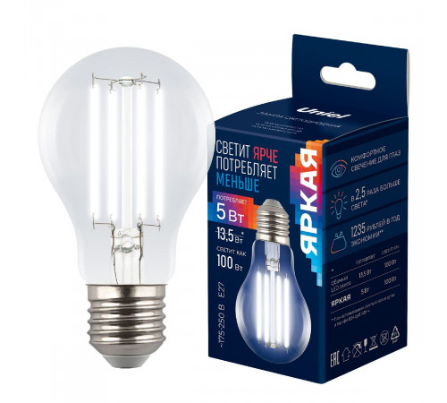 Лампа светодиодная филаментная Uniel LED-A60-5W/4000K/E27/CL GLY01TR UL-00011933 Лампа светодиодная филаментная Uniel LED-A60-5W/4000K/E27/CL GLY01TR UL-00011933