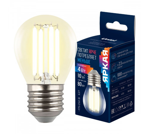Лампа светодиодная филаментная Uniel LED-G45-4W/3000K/E27/CL GLY01TR UL-00011940 Лампа светодиодная филаментная Uniel LED-G45-4W/3000K/E27/CL GLY01TR UL-00011940