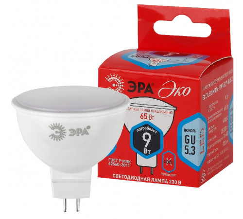 Лампа светодиодная Эра GU5.3 9W 4000K ECO LED MR16-9W-840-GU5.3 Б0032973 Лампа светодиодная Эра GU5.3 9W 4000K ECO LED MR16-9W-840-GU5.3 Б0032973