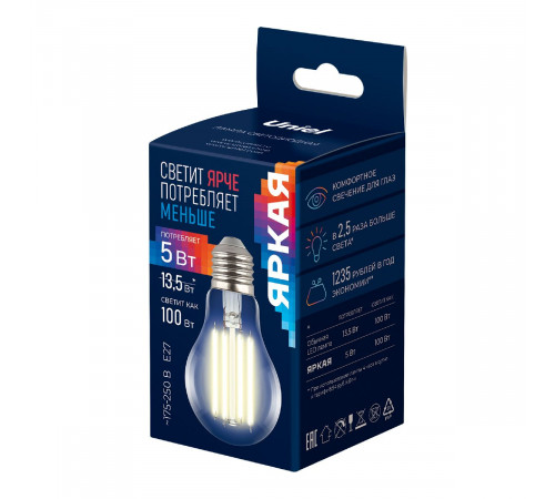 Лампа светодиодная филаментная Uniel LED-A60-5W/3000K/E27/CL GLY01TR UL-00011932
