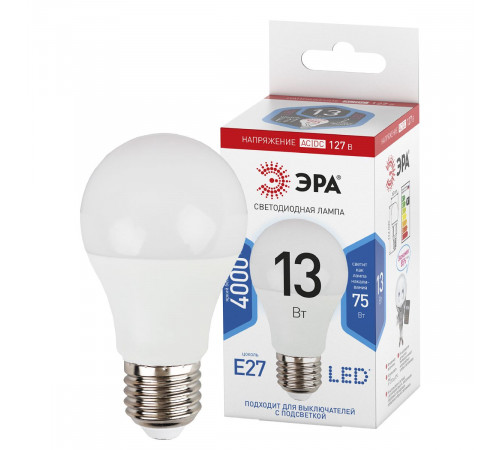 Лампа светодиодная Эра E27 13W 4000K LED A60-13W-127V-840-E27 Б0049101 Лампа светодиодная Эра E27 13W 4000K LED A60-13W-127V-840-E27 Б0049101