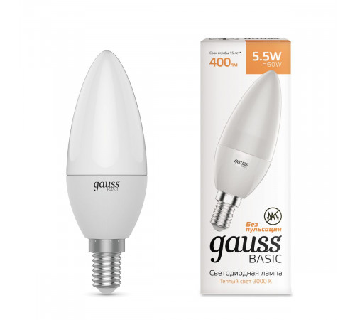 Лампа светодиодная Gauss Basic E14 5,5W 3000K Свеча белая (3 шт.) 1033116K Лампа светодиодная Gauss Basic E14 5,5W 3000K Свеча белая (3 шт.) 1033116K