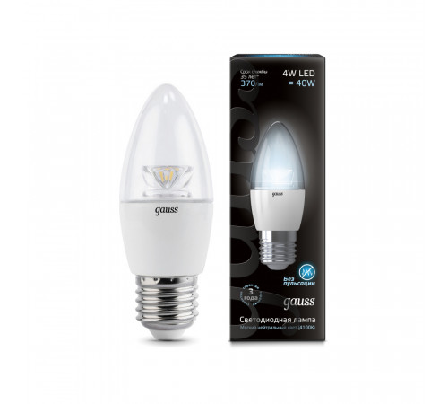 Лампа светодиодная Gauss Candle Crystal Clear E27 4W 4100K свеча прозрачная 103202204 Лампа светодиодная Gauss Candle Crystal Clear E27 4W 4100K свеча прозрачная 103202204