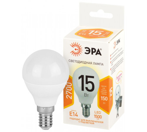 Лампа светодиодная Эра STD LED P45-15W-827-E14 2700K шар