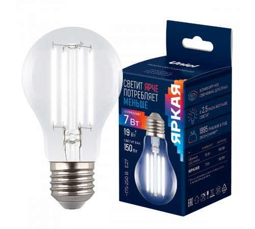 Лампа светодиодная филаментная Uniel LED-A60-7W/4000K/E27/CL GLY01TR UL-00011935 Лампа светодиодная филаментная Uniel LED-A60-7W/4000K/E27/CL GLY01TR UL-00011935