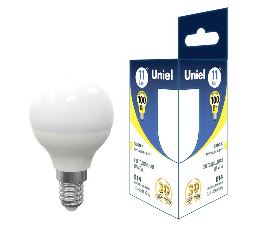 Лампа светодиодная Uniel E14 11W 3000K шар матовый LED-G45-11W/3000K/E14/FR PLS03WH UL-00006843 Лампа светодиодная Uniel E14 11W 3000K шар матовый LED-G45-11W/3000K/E14/FR PLS03WH UL-00006843