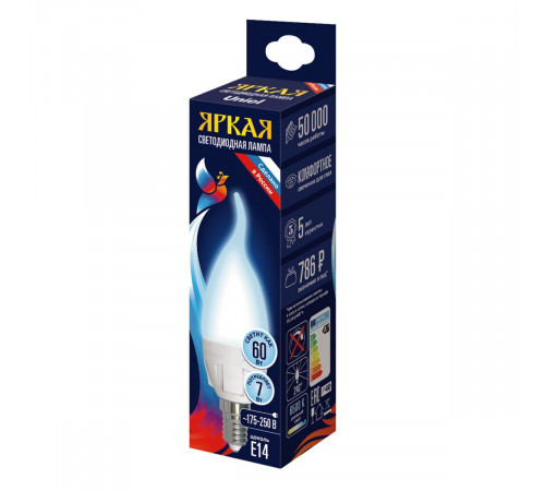 Лампа светодиодная Uniel LED-CW37 7W/6500K/E14/FR PLP01WH UL-00011016 Лампа светодиодная Uniel LED-CW37 7W/6500K/E14/FR PLP01WH UL-00011016