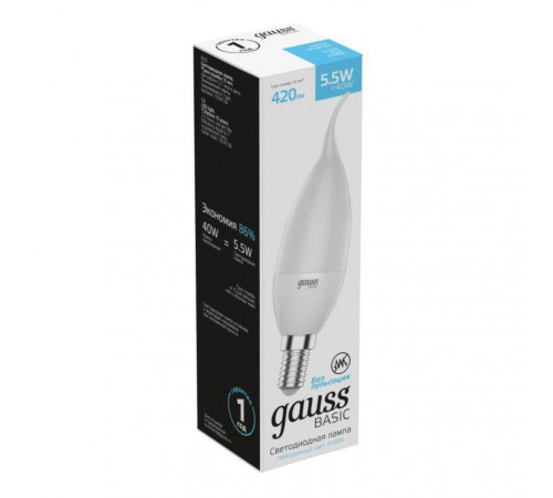 Лампа светодиодная Gauss E14 5,5W 4100К свеча на ветру матовая 1034126