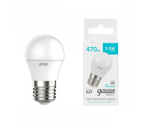 Лампа светодиодная Gauss Basic E27 5,5W 4000K шар белый 30532262 Лампа светодиодная Gauss Basic E27 5,5W 4000K шар белый 30532262
