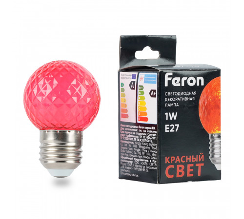 Лампа светодиодная Feron LB-385 шар красный прозрачный E27 1W 230V 52164