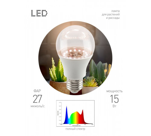 Светодиодная фитолампа для растений Эра ФИТО А60-15W-PFR-E27-GR Б0064527