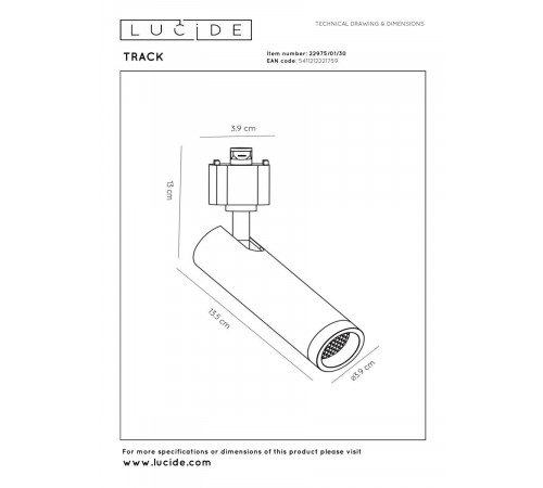 Трековый однофазный светильник Lucide Track 22975/01/30