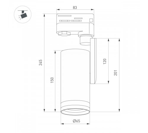 Трековый трехфазный светильник Arlight LGD-URANUS-4TR-R65-10W Warm3500-MIX (BK, 20-50 deg, side holder, 230V) (IP20 Металл) 055806