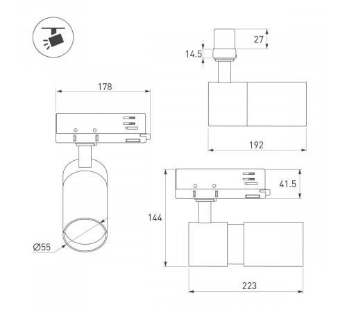 Трековый трехфазный светильник Arlight LGD-ARTEMIS-TRACK-4TR-R55-12W Warm3000 (WH, 8-80 deg, 230V, DALI) 057689 Трековый трехфазный светильник Arlight LGD-ARTEMIS-TRACK-4TR-R55-12W Warm3000 (WH, 8-80 deg, 230V, DALI) 057689