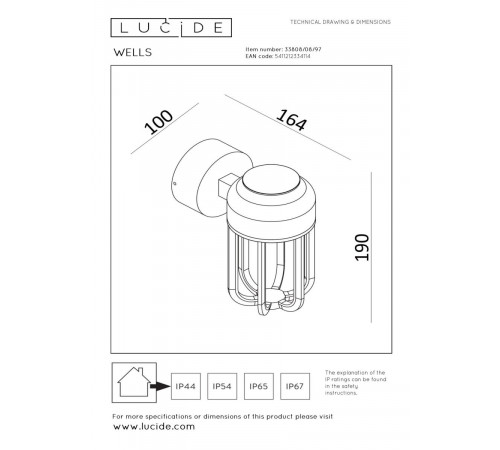 Уличный настенный светильник Lucide Wells 33808/08/97