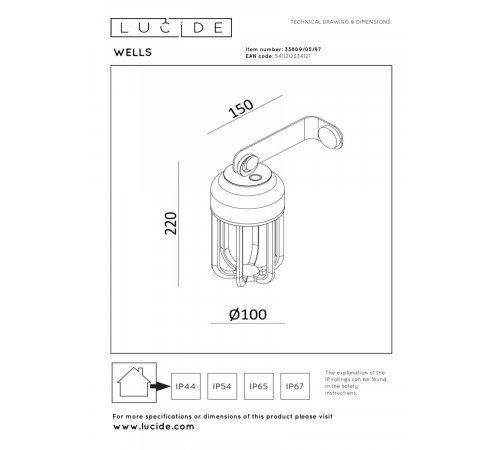 Уличный настенный светильник Lucide Wells 33809/05/97
