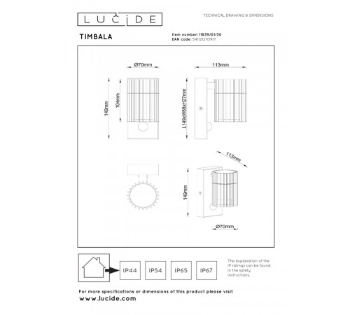 Уличный настенный светильник Lucide Timbala 11839/01/30