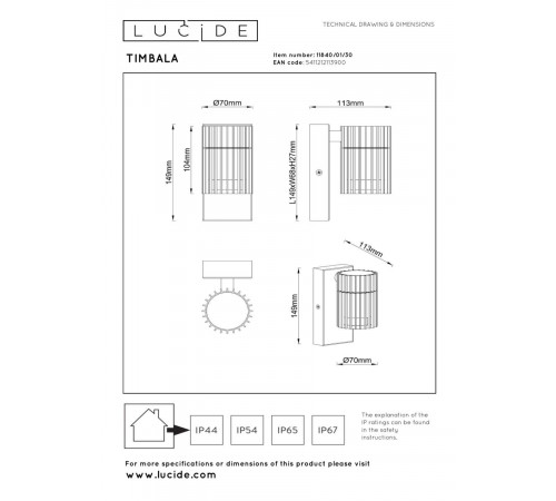 Уличный настенный светильник Lucide Timbala 11840/01/30