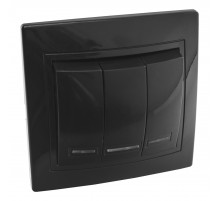 Выключатель 3 кл. с подсветкой скрытой установки 10А 250В IP20, черный (керамика) 